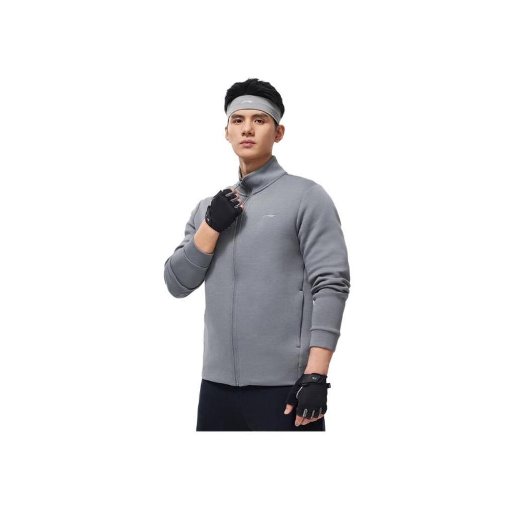 Li-Ning Série Fitness Couleur Unie Col Montant Cardigan Tricoté à Capuche Hauts Homme Gris Ombre AWDU125-3