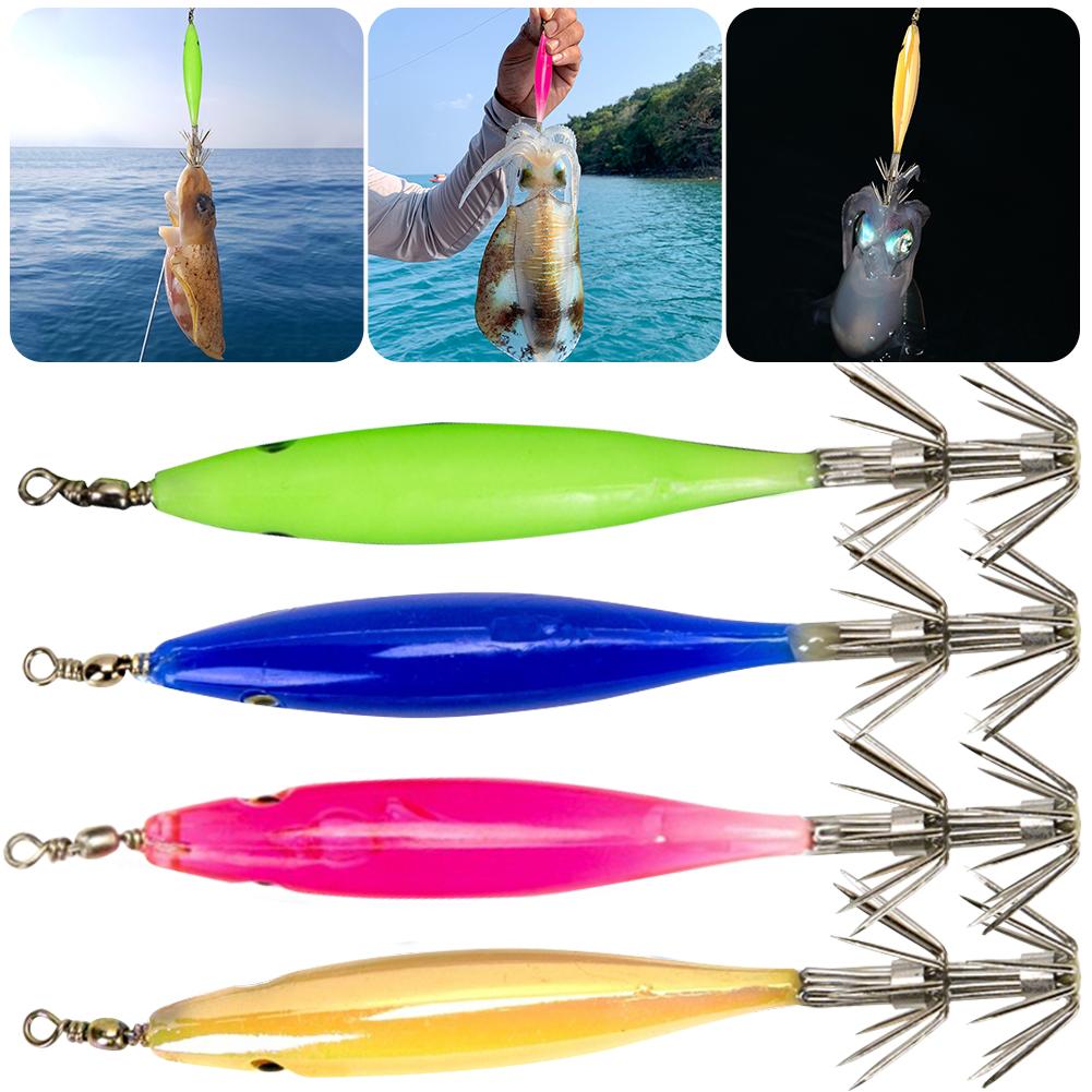 Luminous Fishing Bait Octopus Wood Shrimp Squid Rig Vivid with Squid Hook Squid Jig Baits Fluorescent Fishing Lures for Fishing