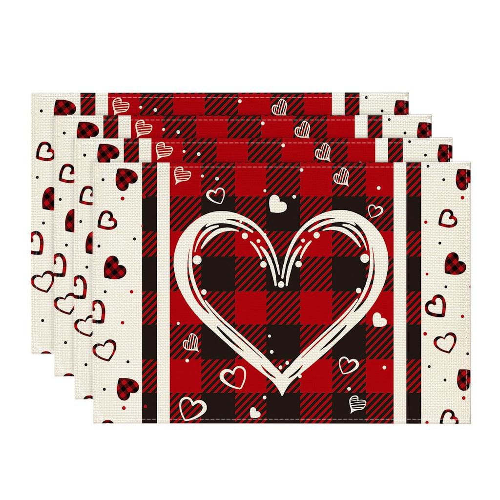 Red Black Love Mother's Day Placemats Set of 4, 12x18 Inch Seasonal Holiday Table Mats for Party Kitchen Dining Decoration