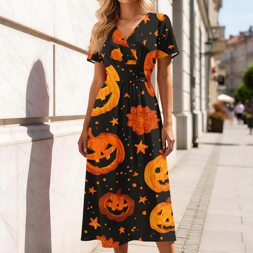 Women's V-Neck Short Sleeve Halloween Print Casual Dress for Halloween Party