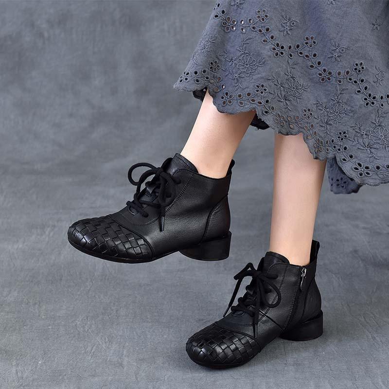Johnature Genuine Leather Hand Woven Thick Heel Ankle Boots Retro Soft Sole Versatile Women's Shoes