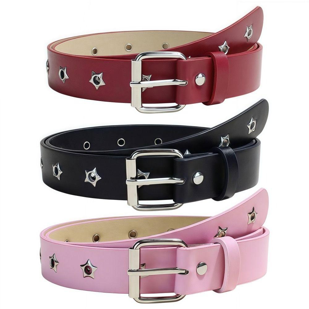 Fashion Punk Women's Belt Korean Style Star Hollow Eyelet Metal Buckle Waistband Versatile Casual Waist Strap Jeans Decor