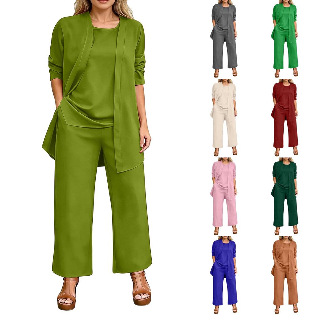 Damen Sommer Dreiteiler Ärmelloses Oberteil Offene Strickjacke Weit geschnittene Hose Lässiges Lounge-Outfit