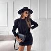 Übergröße Damen Neue Mode Sexy Rundhals Langarm Tasche Hüftrock Leopardenmuster Kleid