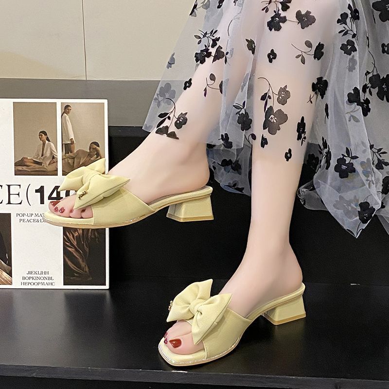 Transparent slippers female sexy bow sandals 2025 summer new fashion open-toe wear high-heeled thick heel half-tow