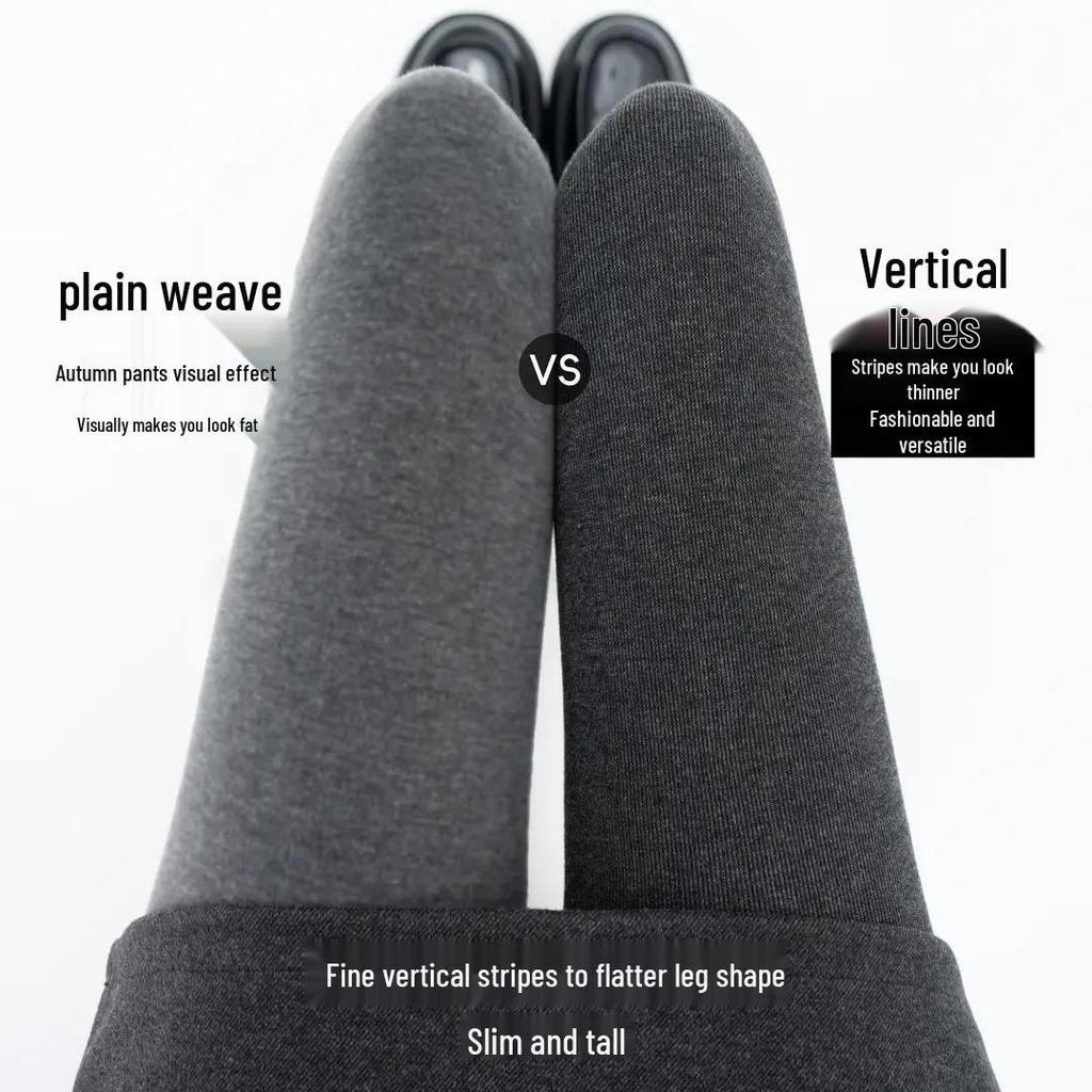 Thin Stripe Slim-Fit Fleece-Lined Women's High-Waist Grey Tights for Autumn & Winter, Non-Shedding