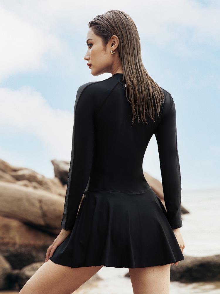 2024 Women's Long-Sleeve Slimming One-Piece Swimsuit: Belly-Covering, Sun-Proof, Skirt-Style, Conservative, Plus-Size.