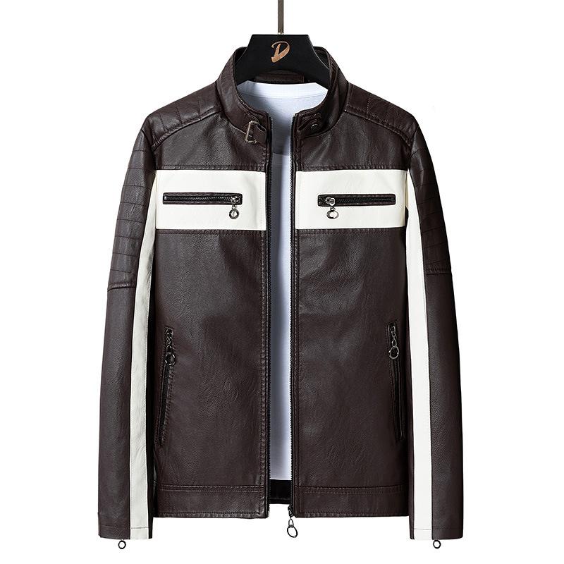 

Men s Color Matching Leather Jacket New Men s Jacket Pu Jacket Locomotive Clothing Fleece Leather Jacket Men s Slim Fit 4XL