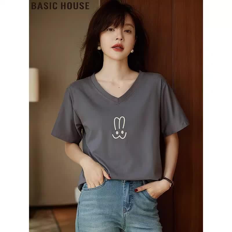 Basic House Women s Printed V-Neck Cotton T-Shirt M