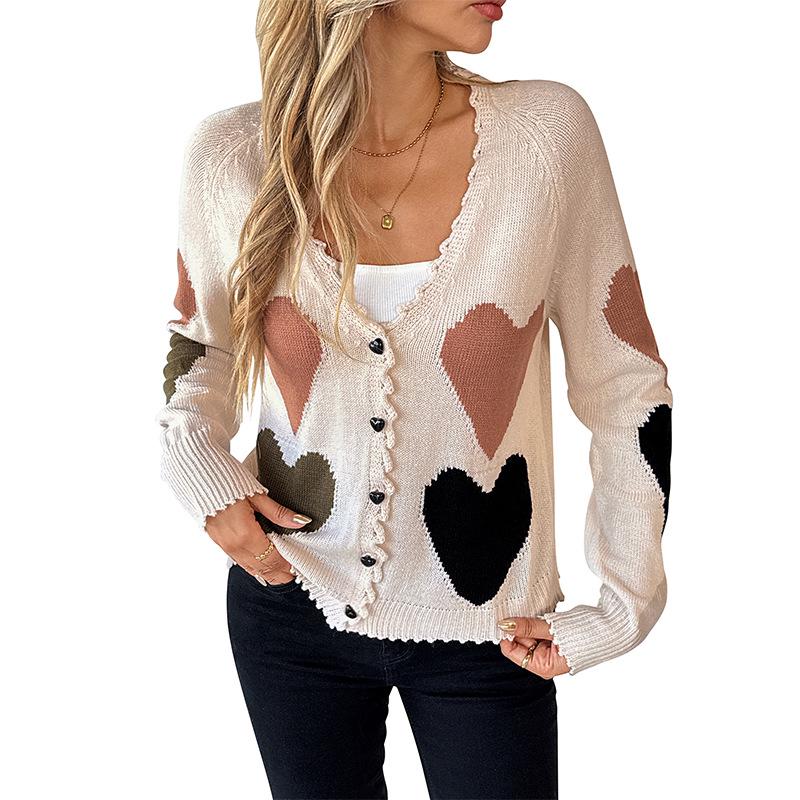 2026 Autumn/Winter Women's Cute Heart V-Neck Loose Knit Cardigan Sweater