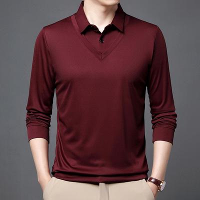 Frühling und Herbst Neuer Stil Mittelalterlich Dünn Fake Zweiteiler Herren Revers Einfarbig Langarm T-Shirt Herren Lockeres Oberteil Papa Kleidung
