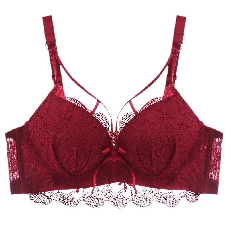 Women's Red Lace Bralette - French Style Gathered Design, Wireless, Anti-Sag