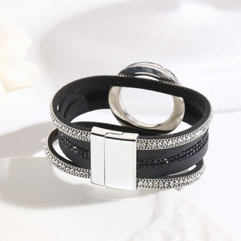 Womens Geometric Alloy Magnetic Clasp PU Leather Bracelet With Large Circle Chain Fashion OL Style