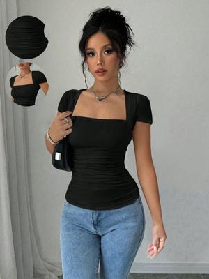Moda Donna Europea e Americana Estate 2025: T-shirt Casual Scollo Quadrato Vestibilità Aderente