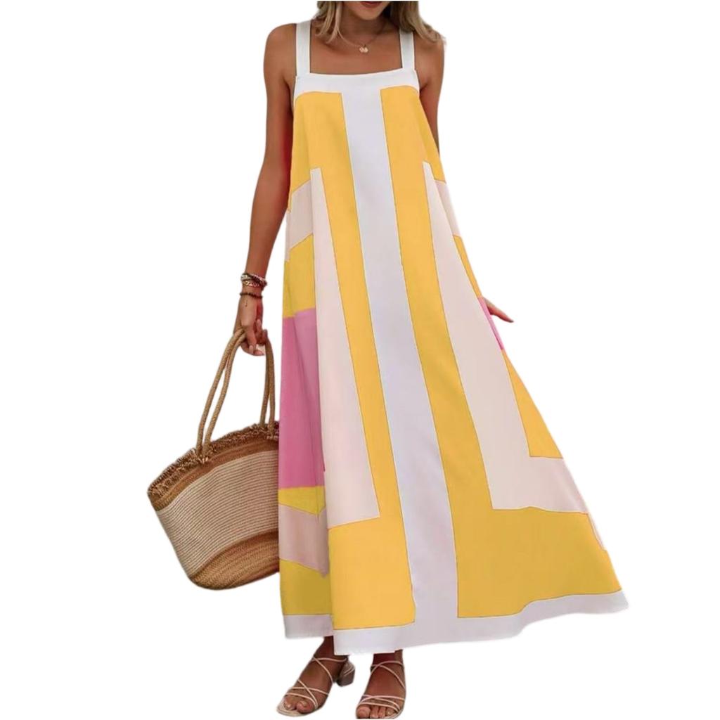 Women's Casual Seaside Resort Dress Color Block Patchwork Printed Sleeveless Dresses
