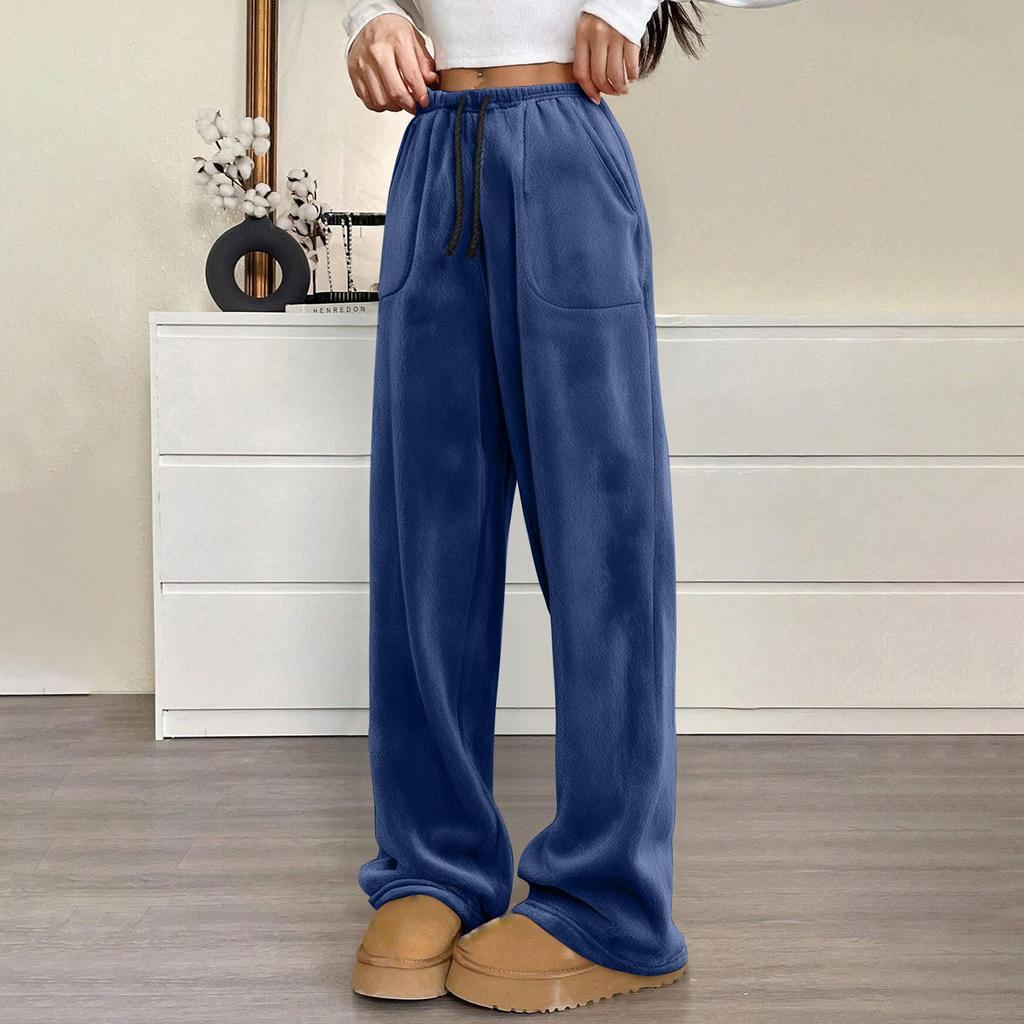 Pantalon de pyjama pour femme en peluche, pantalon de nuit doux, taille élastique, pantalon de couleur unie avec 2 poches