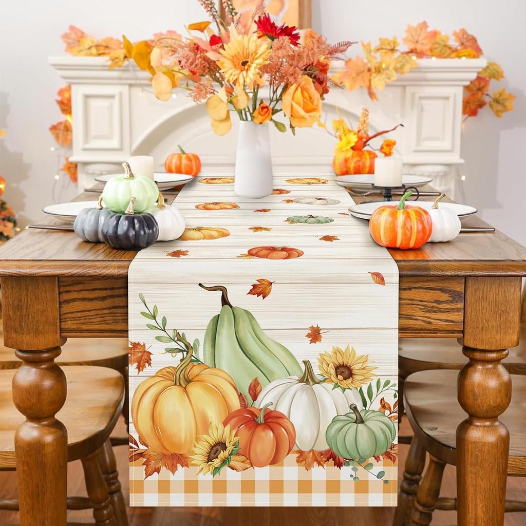 Bonhause Fall Pumpkins Maple Leaves Table Runner 13x72 Inch Orange Buffalo Plaid Autumn Thanksgiving Kitchen Dinning Table Decoration for Indoor