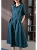 Solid Color Cotton Linen Lapel Shirt Dress - Women's Slimming Short Sleeve, Mother's Style, 2026 Fashion.