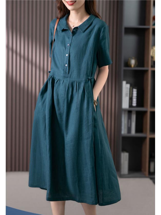 Solid Color Cotton Linen Lapel Shirt Dress - Women's Slimming Short Sleeve, Mother's Style, 2026 Fashion.
