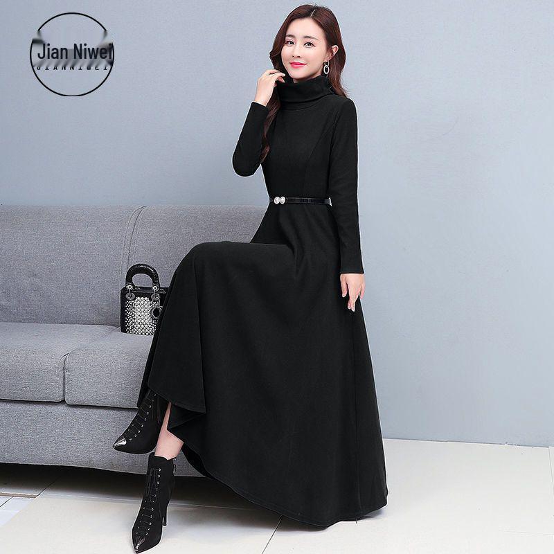 

2025 Autumn/Winter Plus Velvet High Neck Solid Color Long Dress for Middle-Aged Women M (90-100 jin)