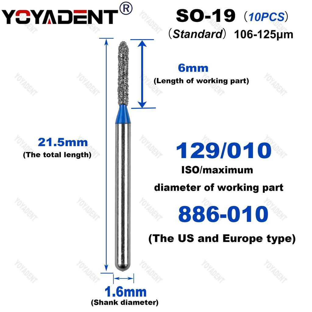 10Pcs/Pack Dental Diamond Burs SO Type Extra Coarse/Coarse/Standard Dentistry Drills For High Speed Handpiece Dia.1.6mm