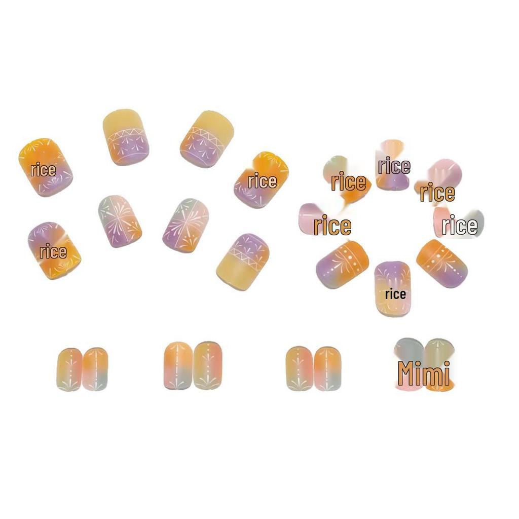 Orange Gradient Fireworks Press-on Nails: Bohemian Style Colorful Fake Fingernail Stickers