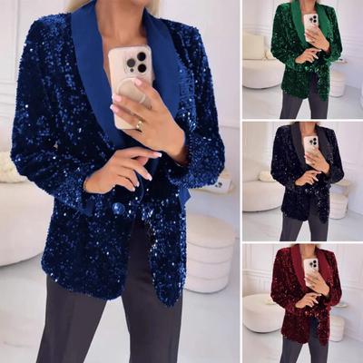 Women Suit Coat Lapel Long Sleeve Button Suit Jacket Glitter Sequins Autumn Winter Business Outerwear Street Party Wear