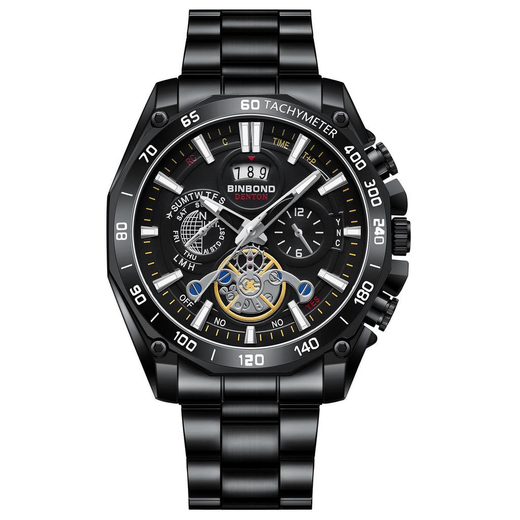 BINBOND Men's Luminous Trendy Tourbillon Watch with Steel Band, Three Dials & Six Hands