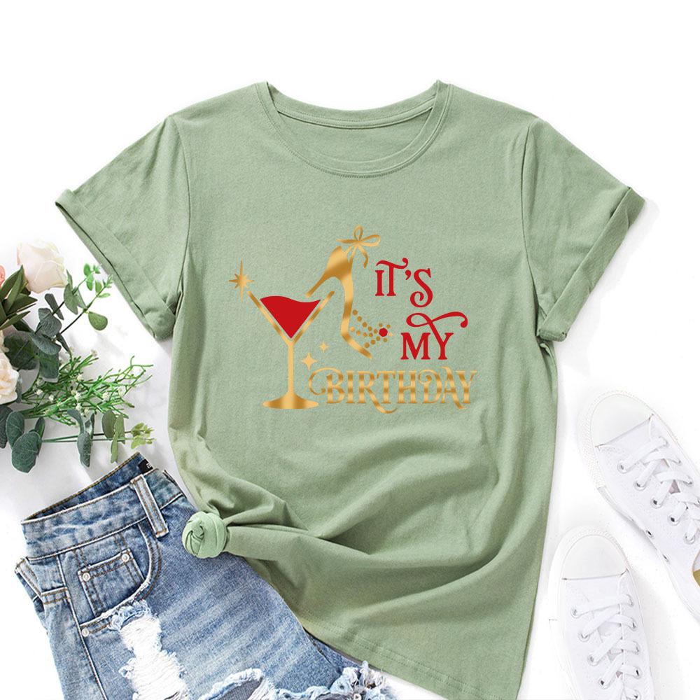 Wine Glass Pattern Casual and Comfortable Pure Cotton Printed Women's Round Neck Short Sleeved T-shirt