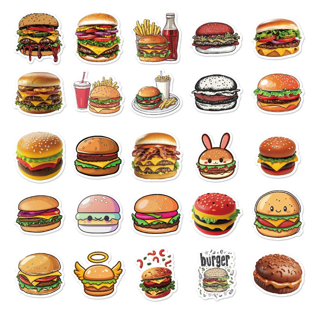 50Pcs Cute Cartoon Burger Stickers – Waterproof Reusable Decals for Luggage, Laptop, Journal
