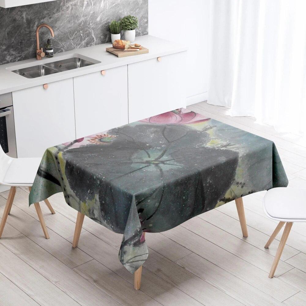 Lotus Flower Tablecloth Home Decor Stain Resistant Waterproof Table Decoration Rectangular Kitchen Fireplace Countertop