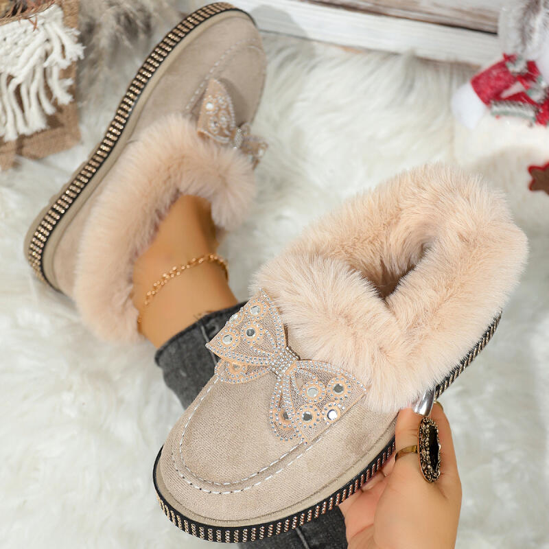 Fashion Sweet Bowknot Furry Snow Boots Women 2025 Luxury Glitter Faux Fur Ankle Boots Woman Short Plush Brand Designer Shoes Winter
