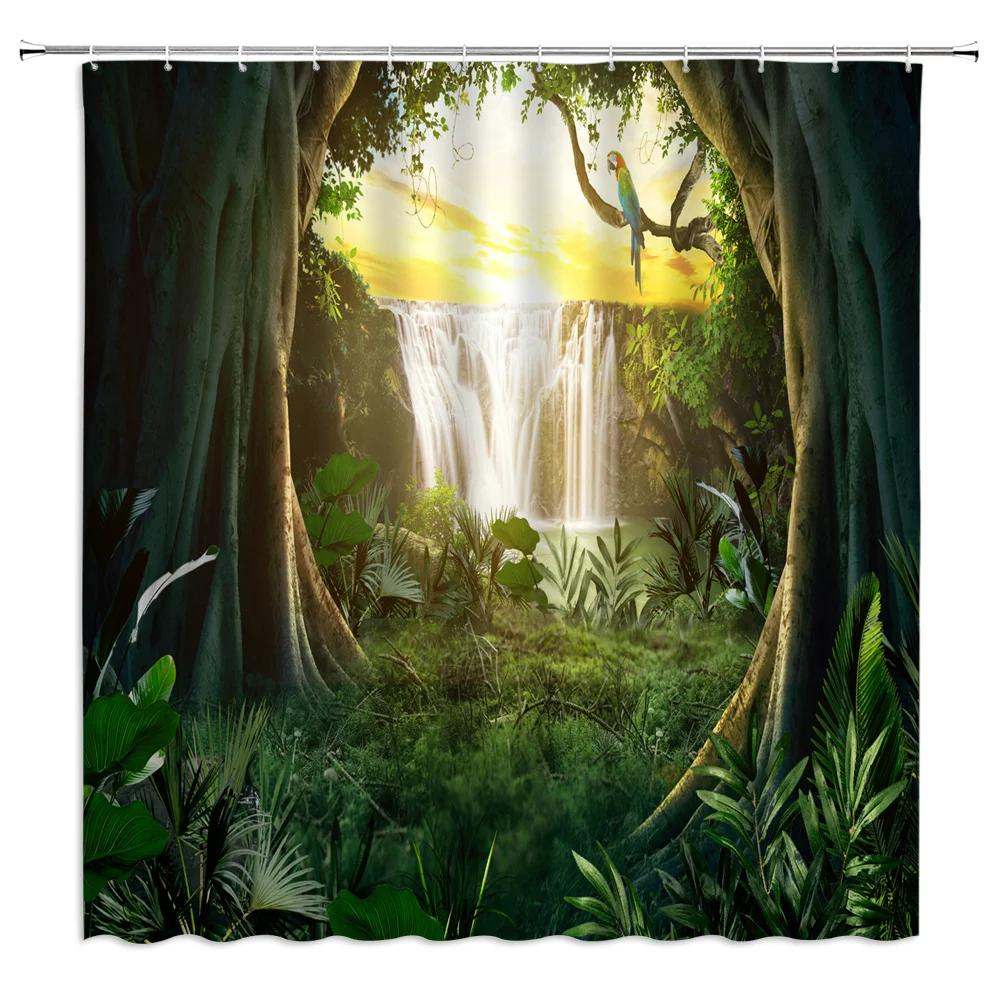 Tropical Jungle Landscape Shower Curtains Bathroom Decor Wild Animal Deer Parrot Toucan Leopard Home Bathtub Polyester Curtain
