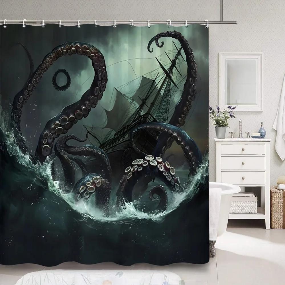 Horror Sea Monster Octopus Shower Curtain Dark Sailboat Ocean Vintage Pirate Ship Wave Polyester Shower Curtains Bathroom Decor
