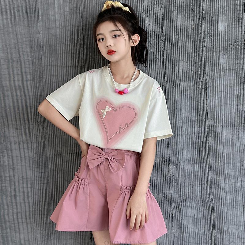 Summer Girls Heart T-Shirt + Khaki Shorts Set Child Short Sleeve Top and Bottom Clothes Set 2Pcs Korean Kids Suit