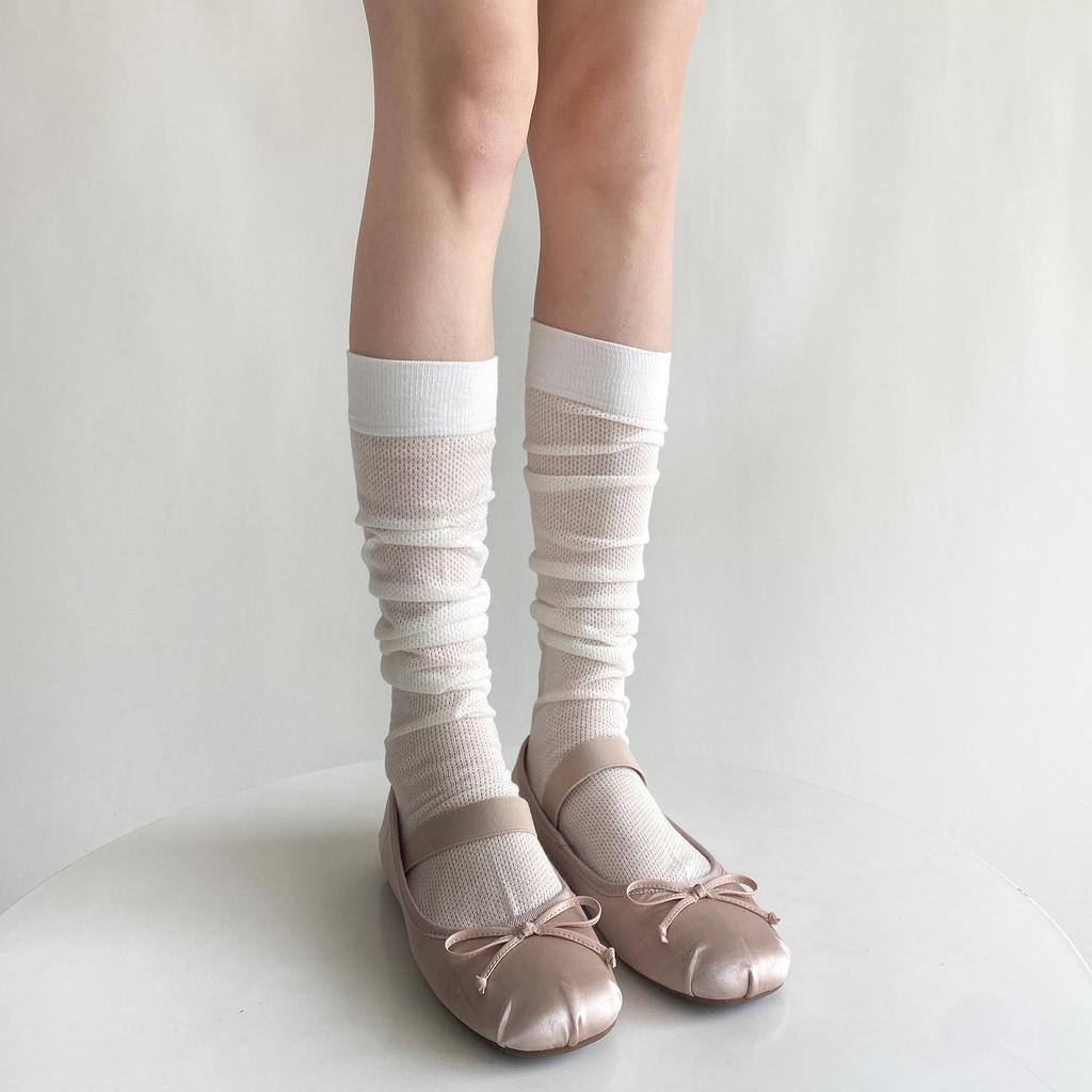 Ruffled Sheer Calf Socks with Heel Ribbons and Bows, Ballet Style, Korean Version.