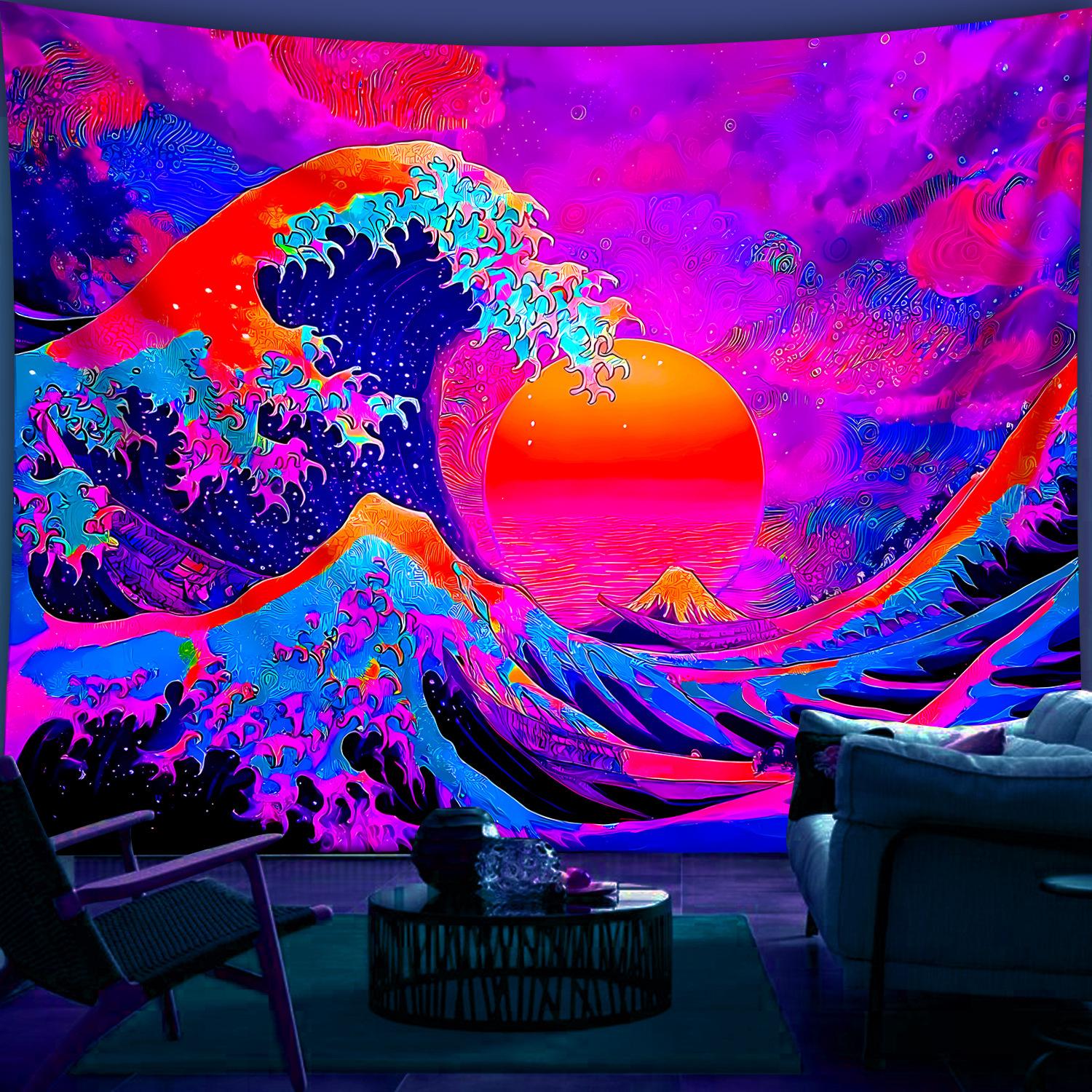 Fantasy Neon Wave Tapestry Sunset Waves Living Room Sofa Backdrop Wall Art Decorative Artistic Room Accent 100X70CM