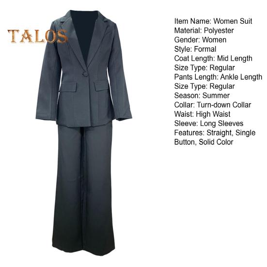 2 Pcs/Set Women Suit Coat Pants Set Deep V Neck Lapel Single Button Closure Mid Length Cardigan Long Sleeve Jacket Straight Trousers Lady Formal