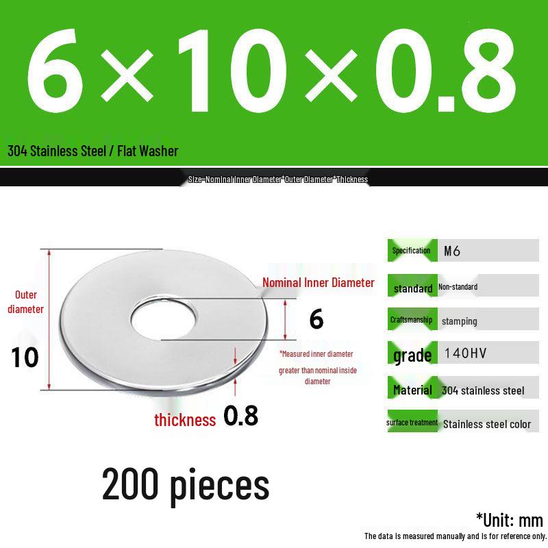 304 Stainless Steel Thickened Flat Washer Set, Sizes 2-36