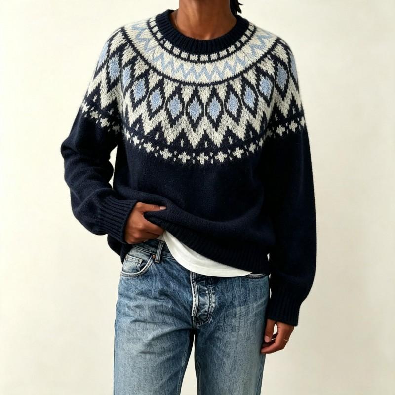 Womens Loose Fit Round Neck Fair Isle Knit Sweater Colorblock Pullover Fall Winter