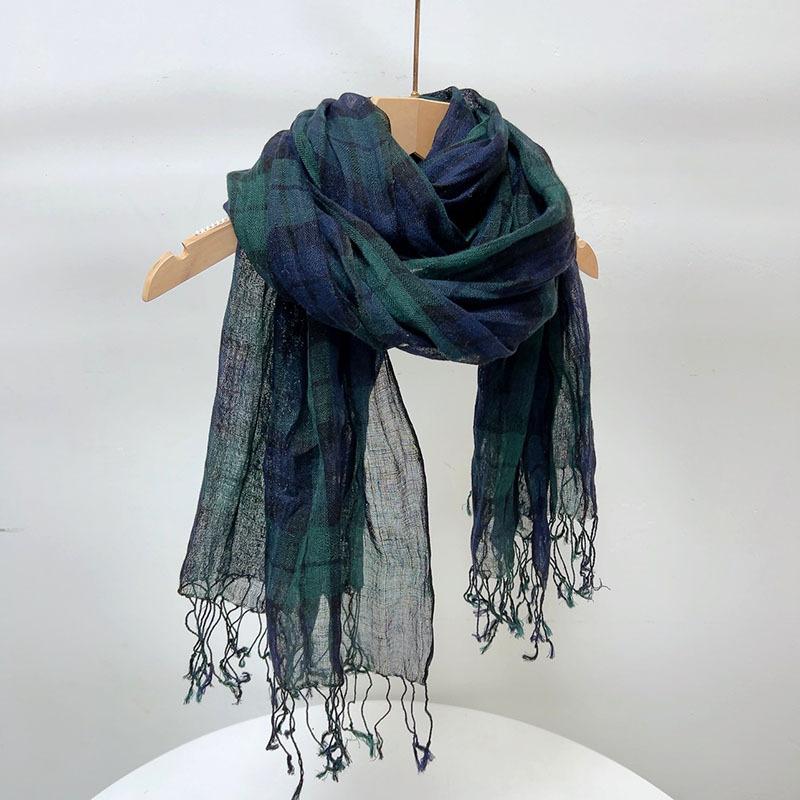 Breathable 100% Linen Scarves Green Plaid Retro Linen Scarf Women's Artistic Versatility Spring and Summer Shawls and Scarves