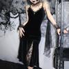 Vestito da cosplay di Halloween da donna, scollo a V, in pizzo, con spalline sottili, orlo a coda di pesce, stile scuro, gotico medievale, vintage, senza maniche, spettacolo teatrale
