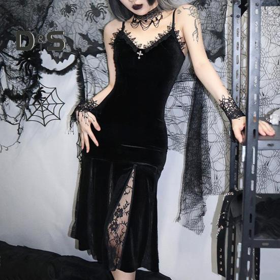 Vestito da cosplay di Halloween da donna, scollo a V, in pizzo, con spalline sottili, orlo a coda di pesce, stile scuro, gotico medievale, vintage, senza maniche, spettacolo teatrale