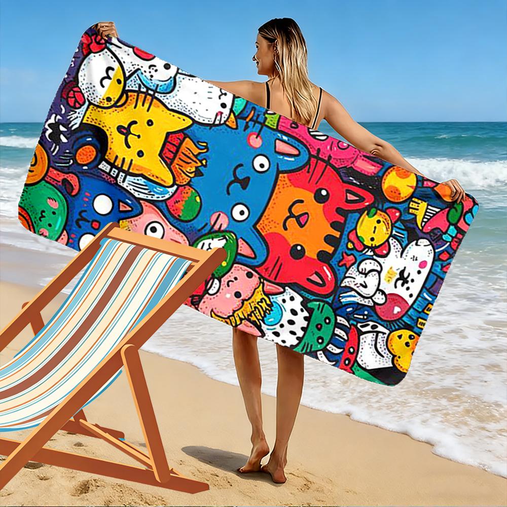 Colorful Cartoon Cats Design Beach Towel Quick-drying for Travel Outdoor Sports Jogging Beach and Swimming