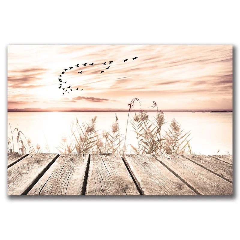 Sea Landscape Canvas Print Beach Poster Wooden Bridge Hay Flower  Wall Art Painting Nordic Wall Pictures For Living Room Decor