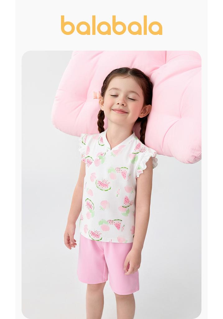Balabala Baby Pajama Set Spring/Summer Thin Edition Children's Air Conditioning Clothing Girls' Home Clothing Children's Chinese Style Printed