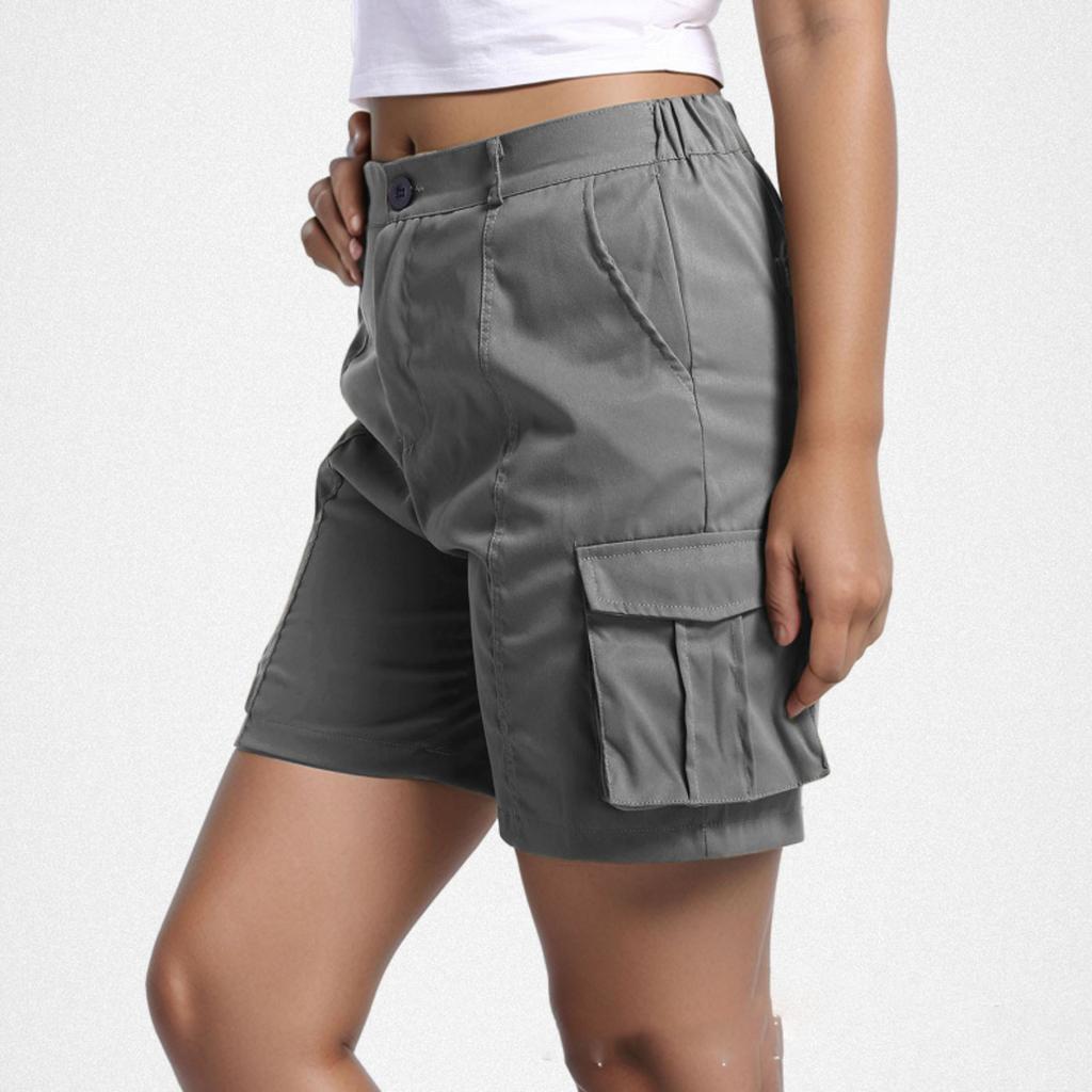 Women Casual Solid Elastic Waist Cargo Shorts with Pockets Relaxed Fit Utility Design for Everyday Wear Outdoor Activities