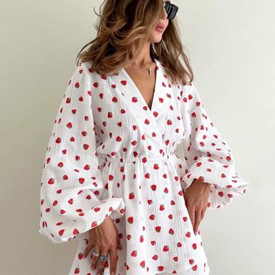 New Strawberry Print V Neck Lantern Sleeve Dress Fashion Dress Women
