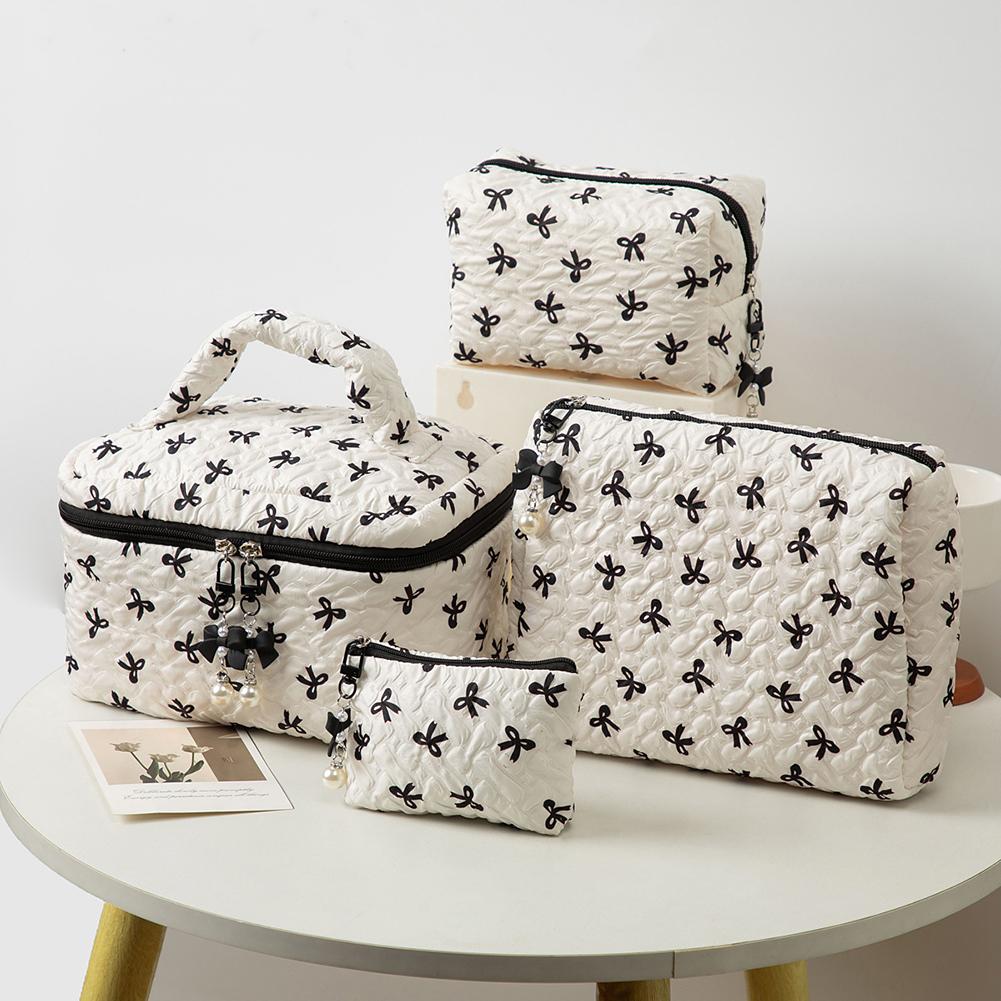 3 Pcs Cute Makeup Bag Large Capacity Quilted Storage Bag Bowknot Printed Bow Toiletry Case Travel Shopping Work Date Bag
