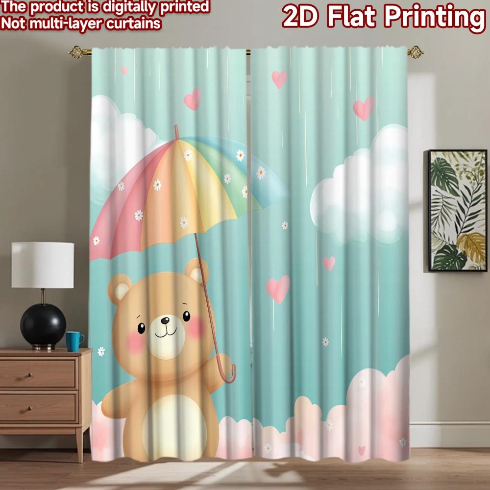 2D Flat Printing 2pcs Party Curtain Cute Bear Umbrella Rainbow Rain Digital Printed Polyester Drapes Festive Holiday Use for